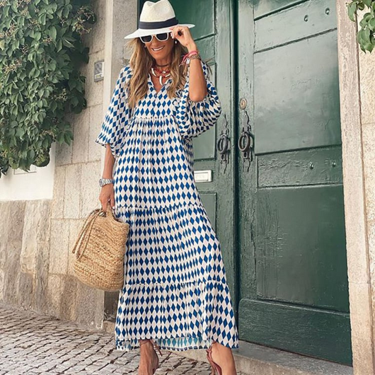Flora | Vestido Maxi Boho Estampado Cuello en V con Mangas Abullonadas