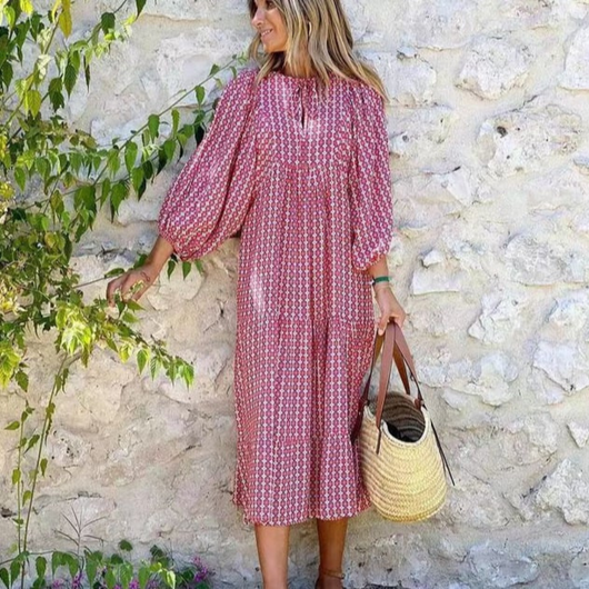 Flora | Vestido Maxi Boho Estampado Cuello en V con Mangas Abullonadas