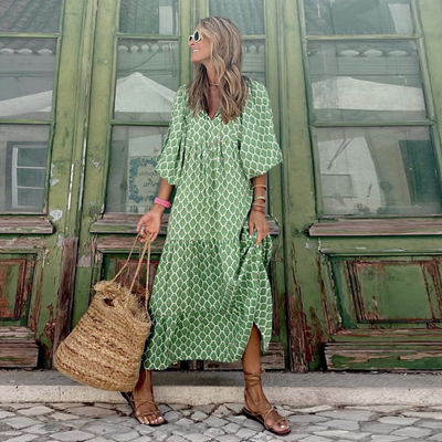 Flora | Vestido Maxi Boho Estampado Cuello en V con Mangas Abullonadas