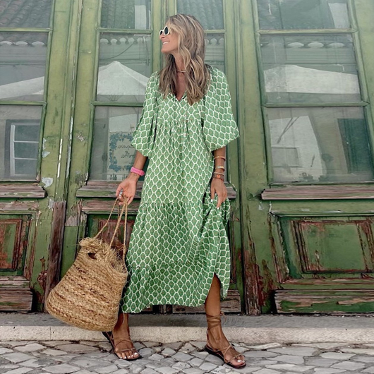 Flora | Vestido Maxi Boho Estampado Cuello en V con Mangas Abullonadas