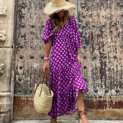Flora | Vestido Maxi Boho Estampado Cuello en V con Mangas Abullonadas