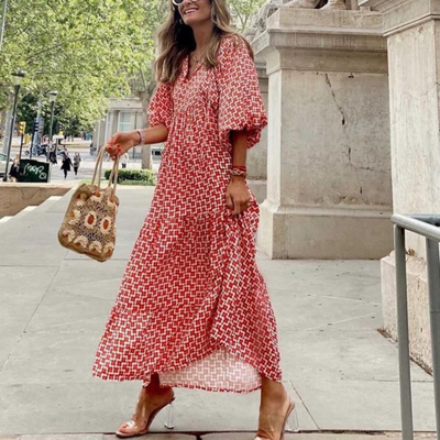 Flora | Vestido Maxi Boho Estampado Cuello en V con Mangas Abullonadas