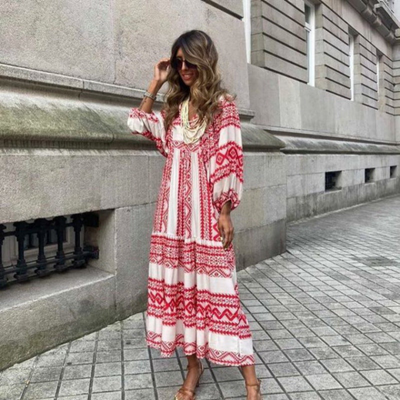 Flora | Vestido Maxi Boho Estampado Cuello en V con Mangas Abullonadas
