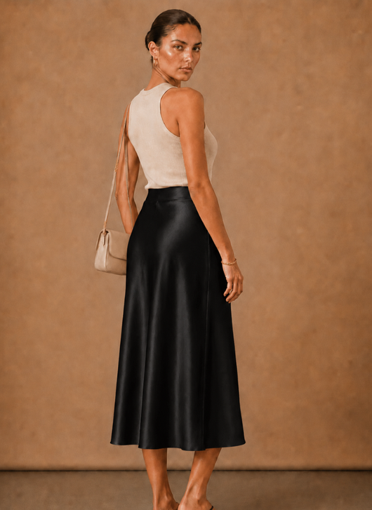Falda Midi de Satén Evasé – Marfil