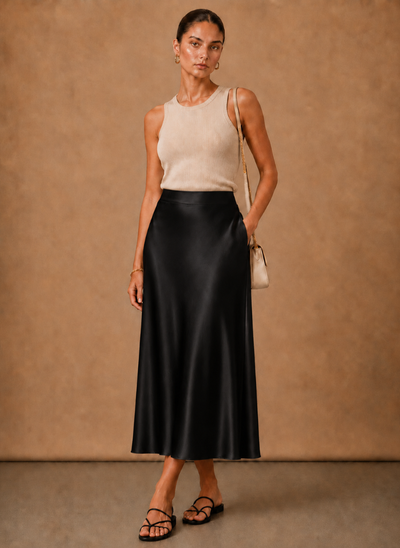 Falda Midi de Satén Evasé – Marfil