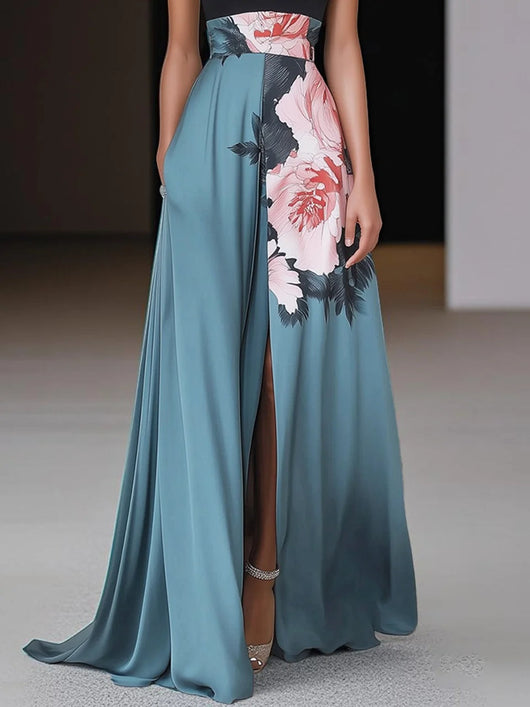 Vestido Largo Angela Floral Línea A con Abertura