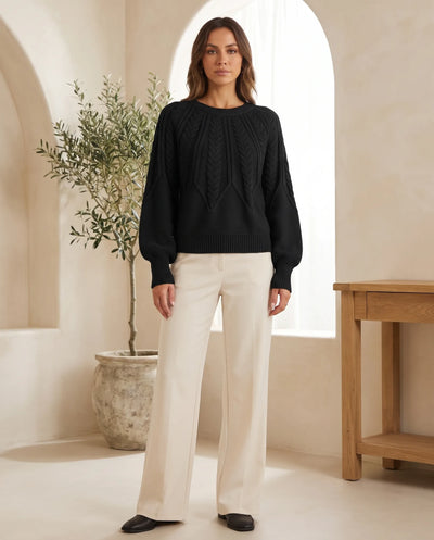Jersey Isla de Punto de Ochos con Cuello Redondo – Negro