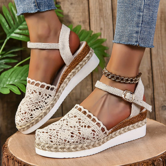 Sandalias Clara de Cuña Tipo Crochet con Tira al Tobillo