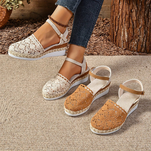 Sandalias Clara de Cuña Tipo Crochet con Tira al Tobillo
