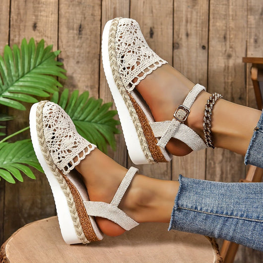 Sandalias Clara de Cuña Tipo Crochet con Tira al Tobillo