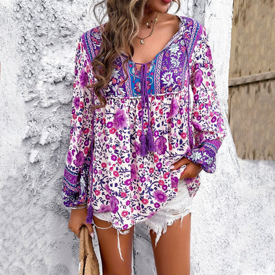 Top Elfriede Boho de Túnica Floral con Escote en V y Borlas