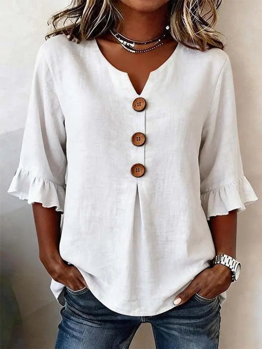 Blusa Katharina de Manga con Volante y Botones de Madera