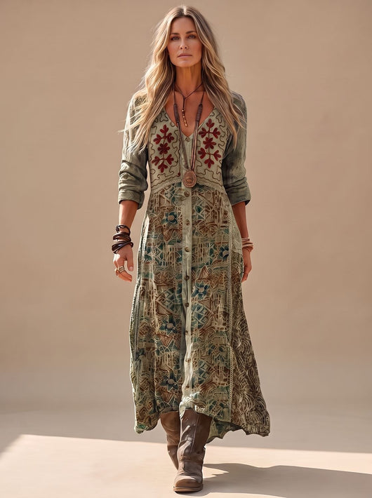Vestido Elisabeth Maxi Boho Estampado con Escote en V