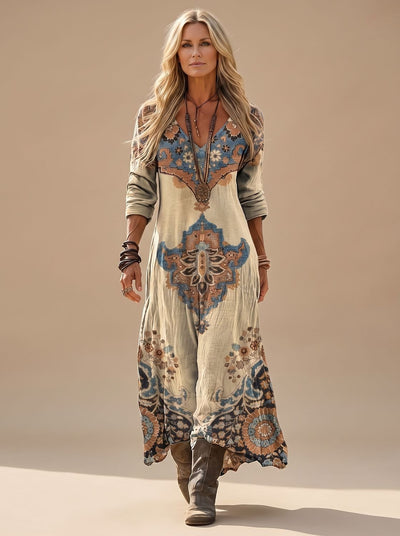 Vestido Largo Charlotte con Estampado Folk Vintage