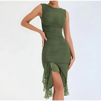 Vestido Midi Elfriede Fruncido con Bajo de Volante