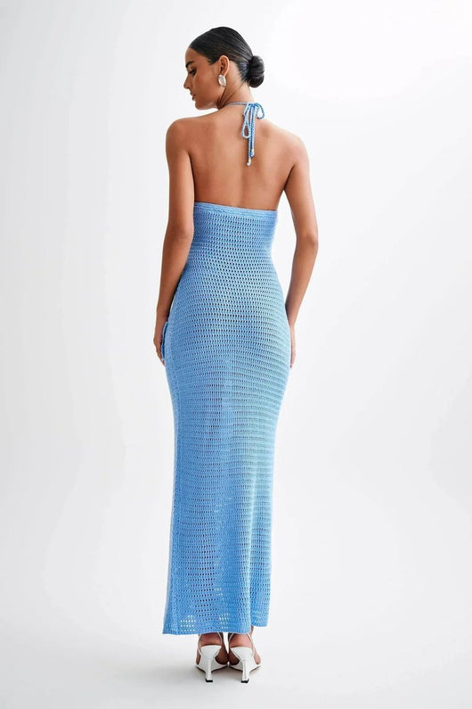 Vestido Largo Nora de Crochet Halter Espalda Descubierta