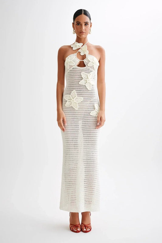 Vestido Largo Nora de Crochet Halter Espalda Descubierta