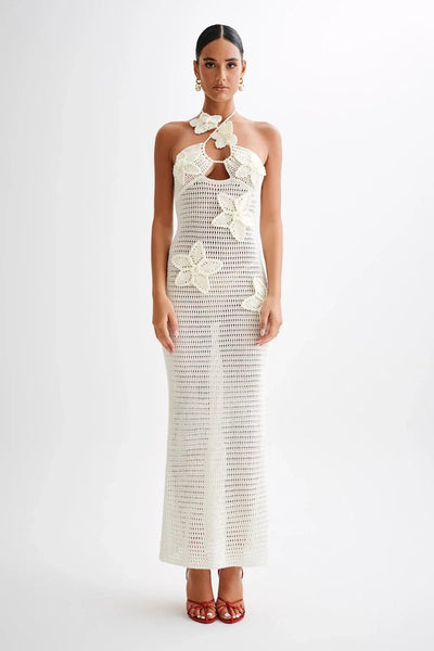 Vestido Largo Nora de Crochet Halter Espalda Descubierta