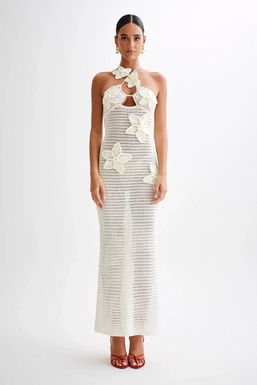 Vestido Largo Nora de Crochet Halter Espalda Descubierta