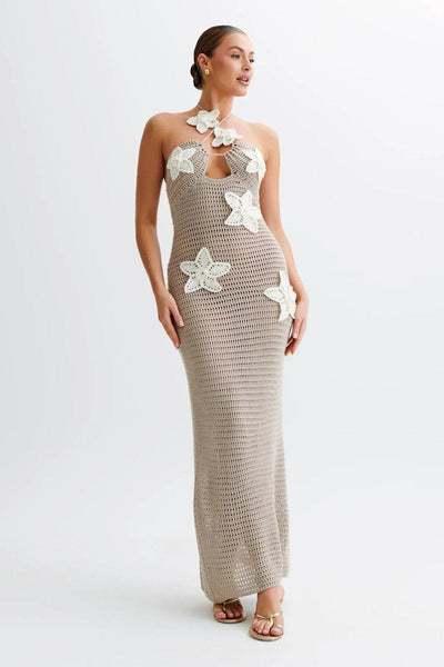 Vestido Largo Nora de Crochet Halter Espalda Descubierta