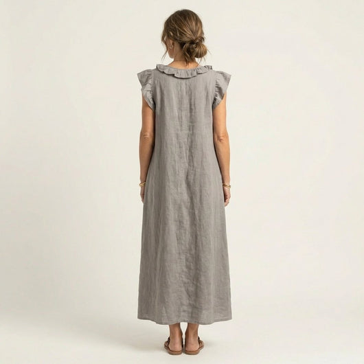 Vestido Maxi Emilia de Lino con Volantes sin Mangas
