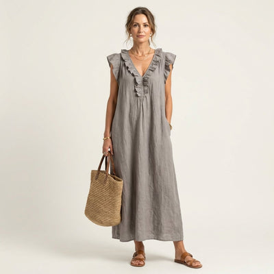 Vestido Maxi Emilia de Lino con Volantes sin Mangas