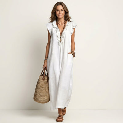 Vestido Maxi Emilia de Lino con Volantes sin Mangas