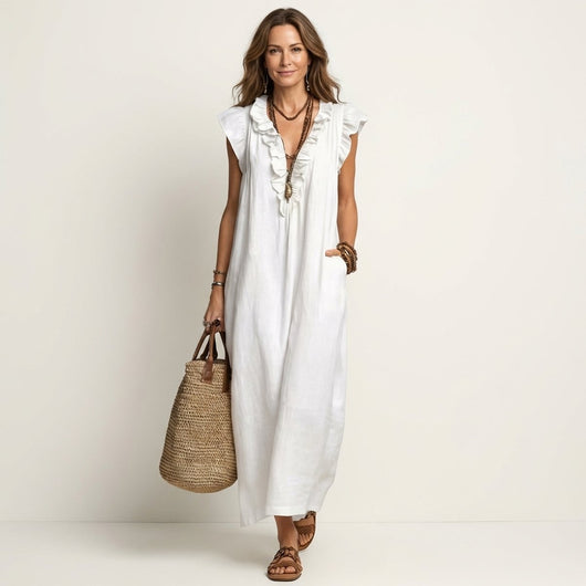 Vestido Maxi Emilia de Lino con Volantes sin Mangas