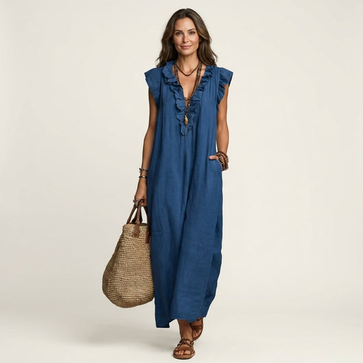 Vestido Maxi Emilia de Lino con Volantes sin Mangas
