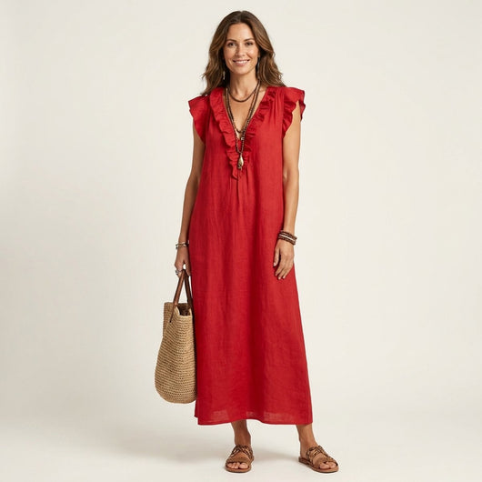 Vestido Maxi Emilia de Lino con Volantes sin Mangas