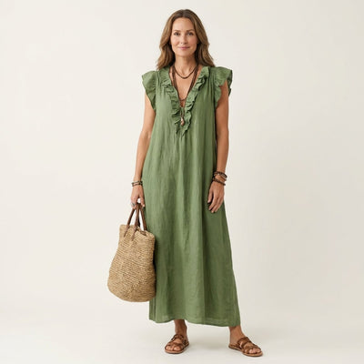 Vestido Maxi Emilia de Lino con Volantes sin Mangas