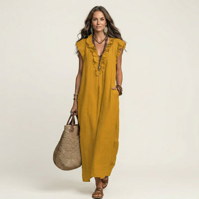 Vestido Maxi Emilia de Lino con Volantes sin Mangas