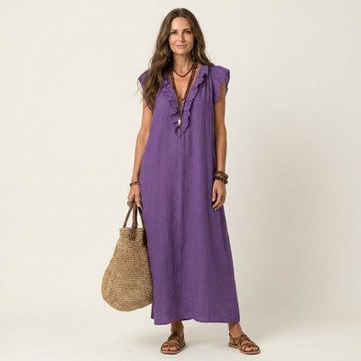 Vestido Maxi Emilia de Lino con Volantes sin Mangas