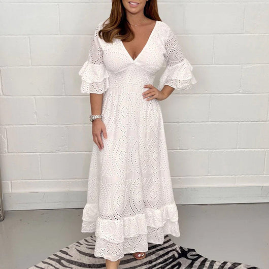 Vestido Midi Elisabeth de Encaje Blanco con Volantes