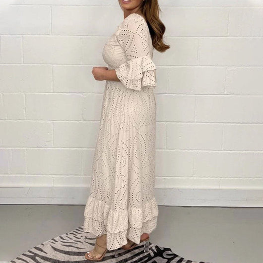 Vestido Midi Elisabeth de Encaje Blanco con Volantes