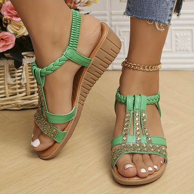 Sandalias Frieda de Cuña Ortopédicas con Tira en T y Brillantes