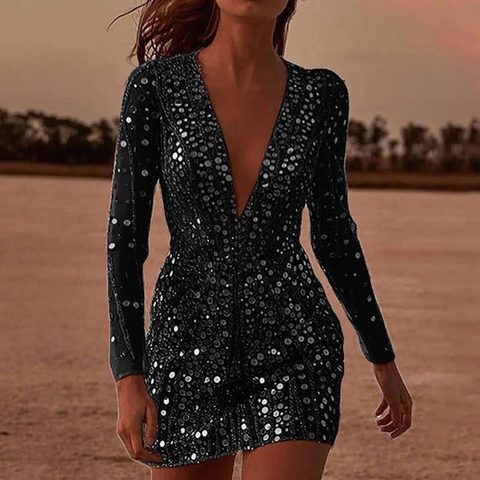 Vestido Lena Ajustado de Lentejuelas con Manga Larga