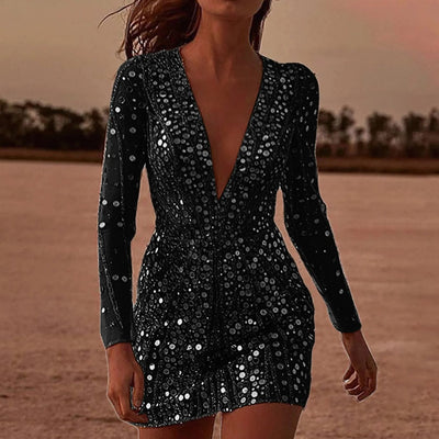 Vestido Lena Ajustado de Lentejuelas con Manga Larga
