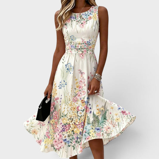 Vestido Midi Charlotte Floral sin Mangas de Corte A