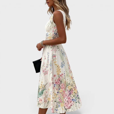 Vestido Midi Charlotte Floral sin Mangas de Corte A