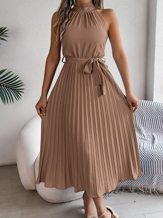 Vestido Largo Katharina Halter Plisado con Cinturón