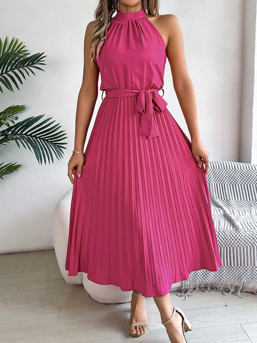 Vestido Largo Katharina Halter Plisado con Cinturón