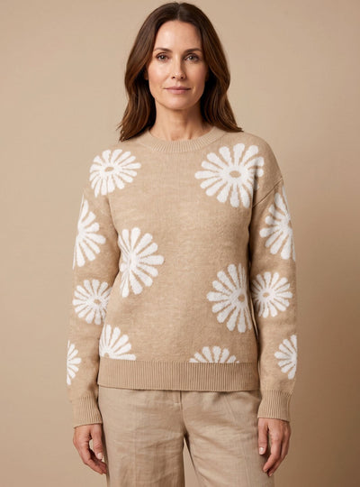 Jersey Emilia de Punto Jacquard Floral Cuello Redondo