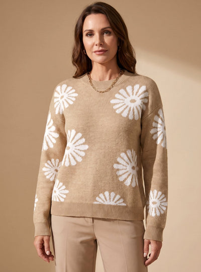 Jersey Emilia de Punto Jacquard Floral Cuello Redondo