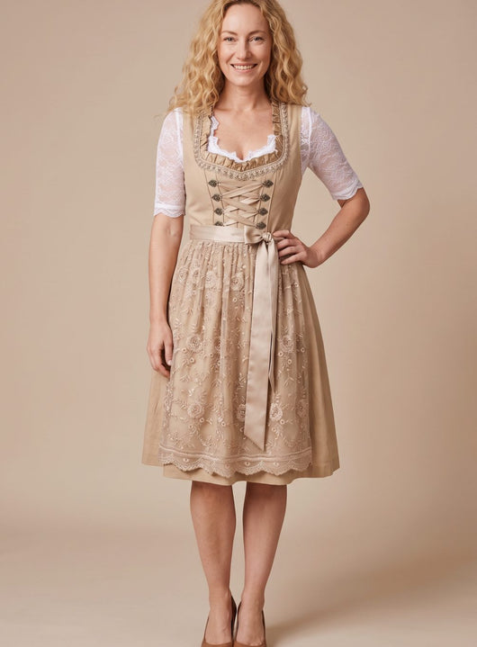 Vestido Clara Tirolés Midi con Blusa de Encaje y Cordones