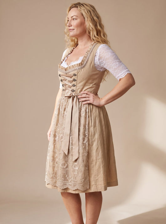 Vestido Clara Tirolés Midi con Blusa de Encaje y Cordones