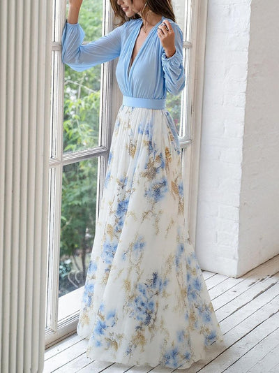 Vestido Largo de Gasa Floral con Volantes – Vestido de Noche | Elara