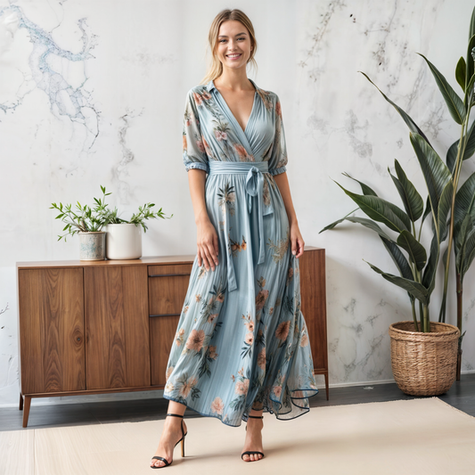 Vestido Largo Cruzado de Gasa Floral – Vestido para Invitada de Boda | Liora