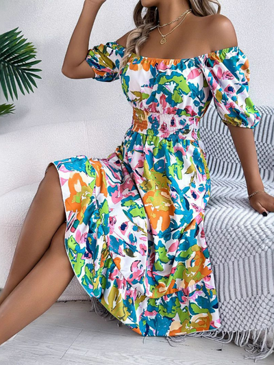 Vestido Midi Floral de Hombros Descubiertos – Vestido de Verano | Celeste