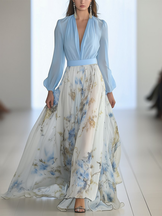Vestido Largo de Gasa Floral con Volantes – Vestido de Noche | Elara